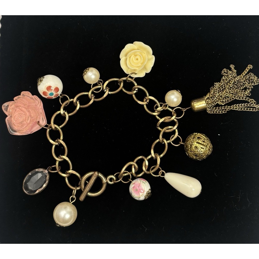 Vintage Charm Bracelet Antique Bronze Pink Rose Faux Pearl Floral Toggle Clasp
